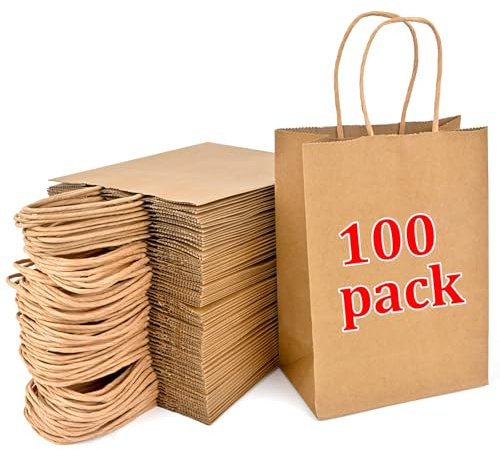 YFZYT 100 sacchetti di carta marrone con manici (21,1 x 7,6 x 15,2 cm), piccoli sacchetti regalo per feste di bambini, matrimoni, compleanni (15 x 8 x 21 cm)