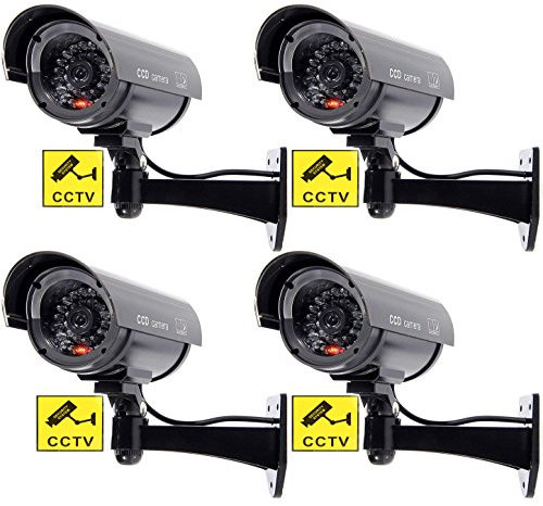 BW Cámara de seguridad CCTV falsa para interiores y exteriores, 4 unidades, con luz intermitente intermitente, forma de bala, color negro