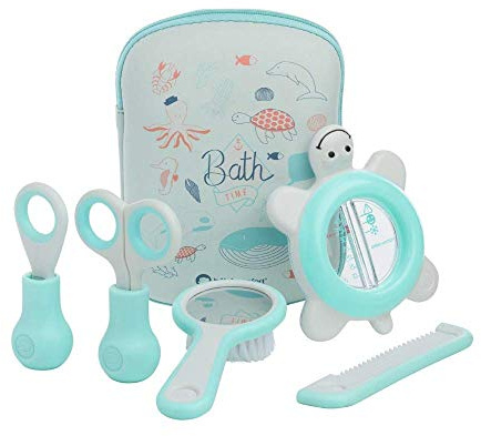 BEBECONFORT Baby babytoalettväska, baby hårborste, baby kam med spegel, baby nagelklippare, baby sax och baby badtermometer, 0 m+, vatten World