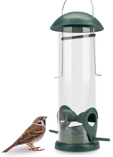 WILDLIFE FRIEND 20 cm Vogelfutterspender - Körnerfutterstation aus Kunststoff mit Zwei Anflugplätzen - Futtersäule zum Aufhängen für Wildvögel - Futterhaus für Ganzjährige Verwendung - Grün