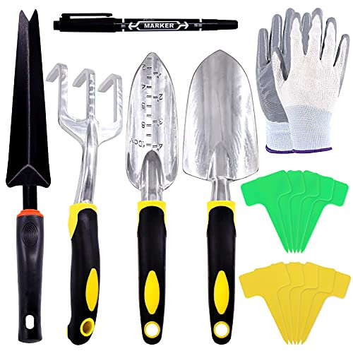 Mardatt Kit d'outils de jardinage et d'accessoires de jardinage robustes 47 pièces avec gants, truelle, râteau, transplanteur, étiquettes de plantes de type T, outils à main de jardinage pour creuser,