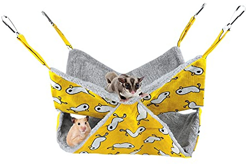 Andiker Small Animal Hammock,2 Layer Cute Animal Pattern Plush Hanging Hamster Bed Rat Cage Accessories Cozy Fleece Nest for Small Animals Hamsters Ferret Guinea Pig Rat Chinchilla (duck, M)