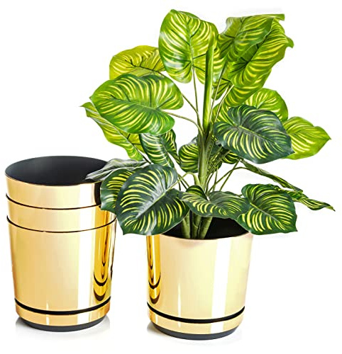 KORAD Set di 4 vasi con sottovaso di diametro 18 cm modello 011 - Oro Lucido; glamour; moderno, alta brillantezza, stile classico, rustico, loft, per piante, erbe, fiori e composizioni vegetali.