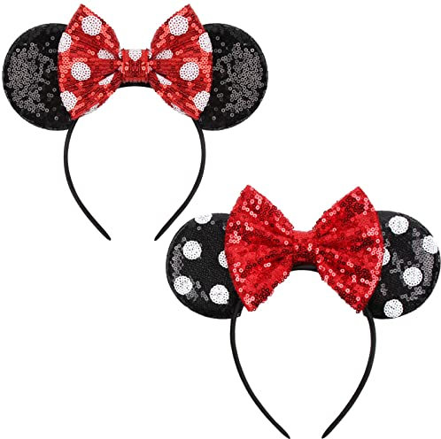 2 pcs Mouse Ears Stirnbänder Haarreif roter Schleife und weißen Punkten & Maus Ohren in schwarz für Kinder und Erwachsene Geburtstag Baby Shower Valentine's Day Halloween Christmas