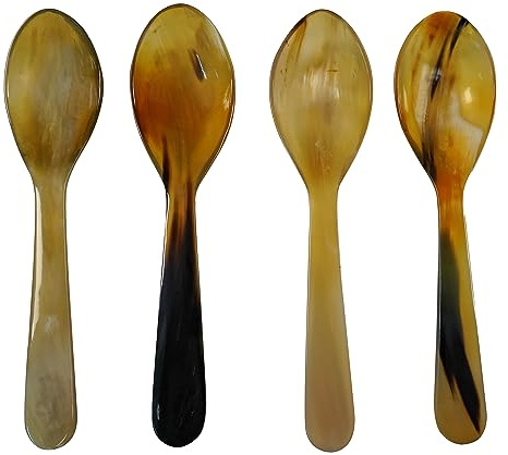 Mythrojan Horn Spoon Viking Coffee Spoons Set Vintage Serving Spoon with 100% Authentic Horn for Cosplay, Reenactment, Renaissance, Renfaire, Unique Gift Home Decor - Pack of 4