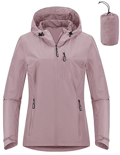 Outdoor Ventures Damen Regenjacke 10000MM Wasserdicht Leichte Gefüttert Packbar Sportjacke Funktionsjacke Atmungsaktiv Fahrrad Jacke mit Kapuze Rosenpulver XL