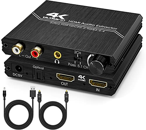 Tendak HDMI Audio Extractor, 4K HDMI to Optical SPDIF + 3.5mm Stereo + RCA L/R Audio Adapter Converter with Volume Control Support 4K@60Hz HDCP 2.2 HDR 3D YUV 4:4:4