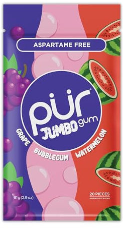 PUR Jumbo Gum | Goma de Mascar Sin Aspartamo | Con Xilitol | Sabor Natural Bubblegum, Grape, Watermelon, 20 Piezas (Paquete de 1)