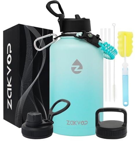 ZAKVOP Borraccia Termica 2 Litri con Cannucce e 3 Coperchi, Borraccia Acciaio Inox con Manico in Paracord, Bottiglia Termica con Spazzole per Palestra, Escursionismo, Campeggio (Turchese)