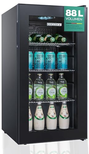 Heinrich´s HEINRICHS Getränkekühlschrank, Mini Kühlschrank mit Glastür kompakt und leise: 40dB, LED-Innenraumbeleuchtung, perfekt geeignet für Büro Camping Garten,4 bis18°C, (88 Liter/3 Ablagen/40db)