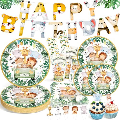 Ophy Juego de Vajilla de Fiesta, 134 Piezas Kit de Vajilla de Cumpleaños 25 Invitados Vajilla Fiesta Cumpleaños Vajill a Decoración de Fiestas de Cumpleaño Platos,Vasos,Servilletas, Pajitas, Mantel