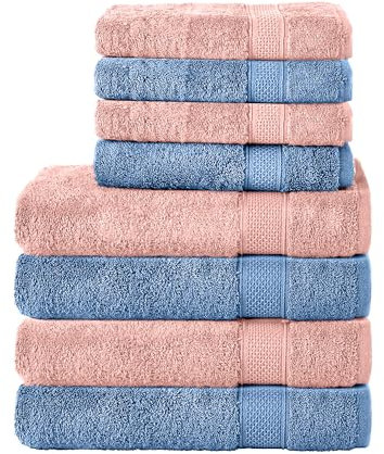 Komfortec 8er Handtuch Set aus 100% Baumwolle, 4 Badetücher 70x140 und 4 Handtücher 50x100 cm, Frottee, Weich, Towel, Groß, Rosa/Hellblau