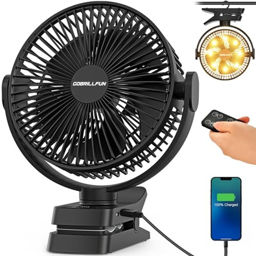 GOBRILLFUN Ventilatore a clip da 12000 mAh con telecomando, ricaricabile tramite USB con luci LED, ventilatore a batteria con 5 velocità per ufficio, viaggi all'aperto, campeggio, tenda (8,3 pollici)