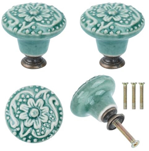 Dibotell 4er Set Vintage Möbelknöpfe, Grün Blumenmuster Keramik Schrankknöpfe mit Schrauben, Runde Türgriffe für Schubladen, Kommoden, Küchenschränke, Retro Möbelknauf für Schränke und Schubladen (A)