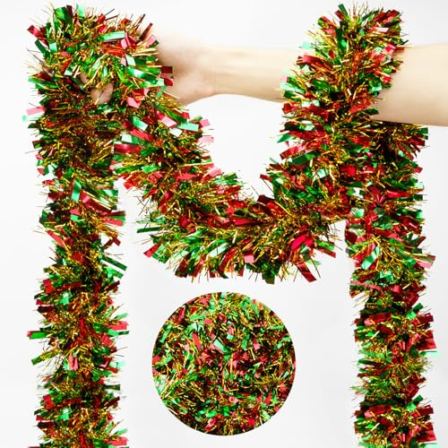 KINGLAKE Christmas Tinsel Garland, 10M x 9CM Red Green Gold Xmas Shiny Decoration, Metal Thick Tinsel for Decorating Christmas Tree, Party, Home