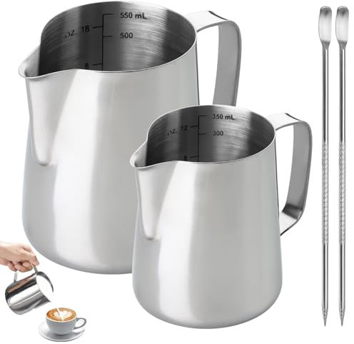 Lot de 2 pots à lait en acier inoxydable, 350 et 600 ml, pichets à mousse de lait avec marqueurs de mesure et stylo à latte art, mousseur à café pour cappuccino, expresso et barista