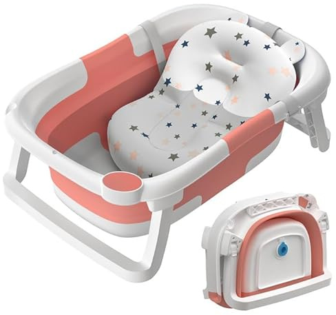 Baby Bath Tub Essentials - Foldable, Collapsible Newborn Bathtub with Non Slip Bath Seat Cushion Stand Pad, Portable Travel (Pink) 0-24 Months