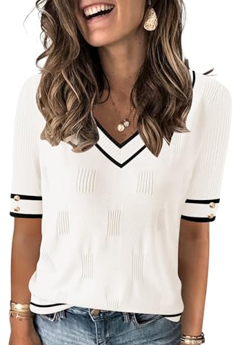 AKEWEI Womens Short Sleeve Sweaters Casual V Neck Pullover Tops Business Casual Spring Fashion Outfits(White Striped,XL)
