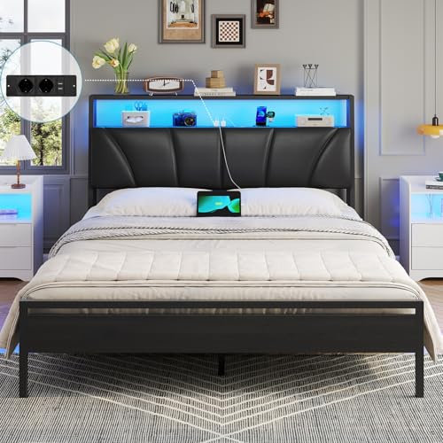 Brinlawb Cadre de Lit 140 x 190 avec Sommier en Métal, Lit 2 Personnes avec Lumières LED et Multiprise (2 Prises AC, 2 Ports USB) lit Double 140x190 cm avec Rangement, Facile à Assembler, Noir PU