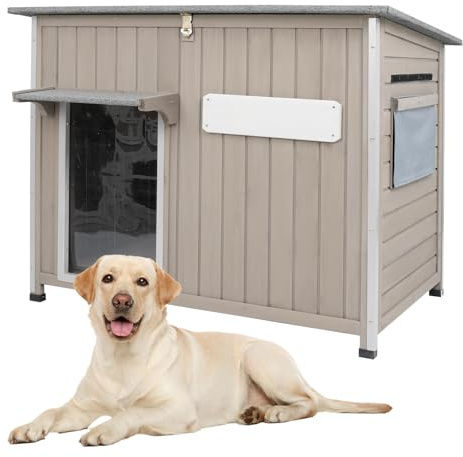 Gowoodhut Dog House Outdoor Weatherproof & Wooden Dog Kennel with Chew-Proof Iron Frame，Removable Floor, Adjustable Vent Window, Easy Assembly for Medium Dogs (43.3 L x 29.5 W x 33.5 H)