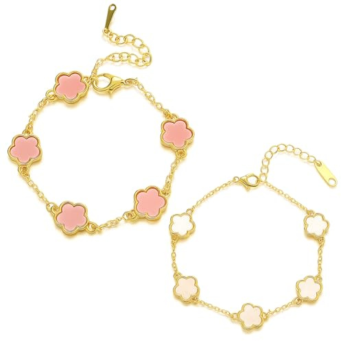 JEYORZY 2 Pcs Bracelet Trèfle Chanceux Femme, Ensemble Bracelets Femme en Acier Inoxydable Plaqué, Bracelet Trefle 4 Feuilles Femme pour Mariages, Anniversaires, Fêtes et Cadeaux Chanceux