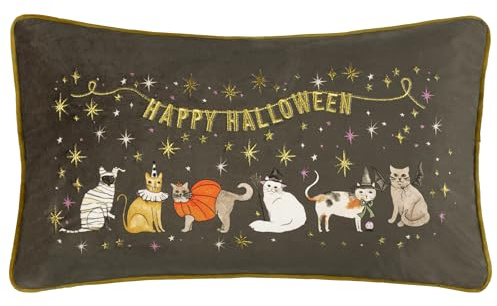 furn. Halloween Pawty Polyester Filled Cushion – Cute Spooky Halloween Cat Embroidered Velvet Decorative Pillow (Multicolour - 30x50cm)