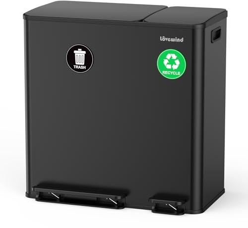 Dual Trash and Recycling Bins for Kitchen, 13.2 + 5.2 Gal (50+20L) Stainless Steel Trash and Recycle Bin Combo with Soft-Close Lid, Large Garbage Cans for Kitchen Home with 2 Magnets Sticker, Black