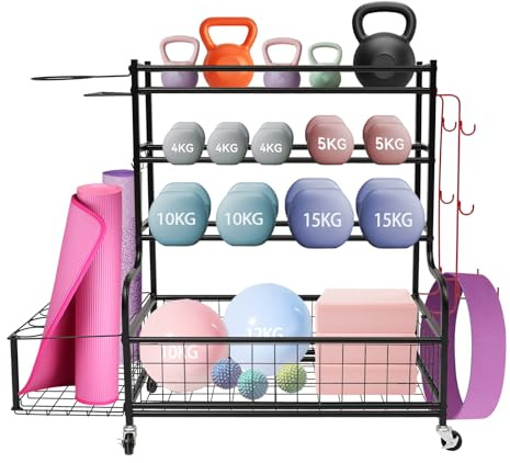 4 nivåer – hantelställ, multifunktionellt hantelställ för hantlar, yogamatta, fasciarulle, kettlebell och yogablock, dumbbells-hylla för hemmagym med 4 universella hjul och 8 krokar