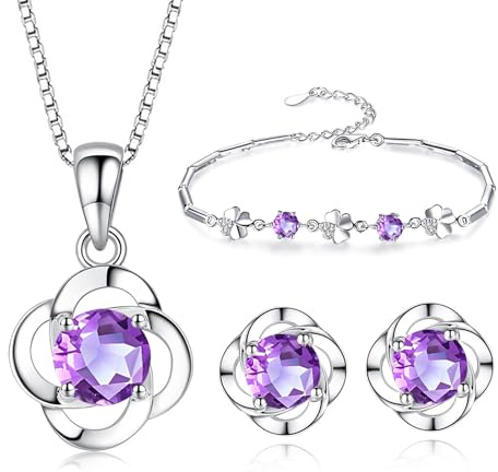 Kamise Schmuck Set Damen, Ohrringe Armband Kette Silber 925 Damen, Lila Kleeblatt Schmuckset Silber, 45+5 Silberketten Anhänger Ohrstecker Armbänder Set, Schmucksets mit Geschenkbox