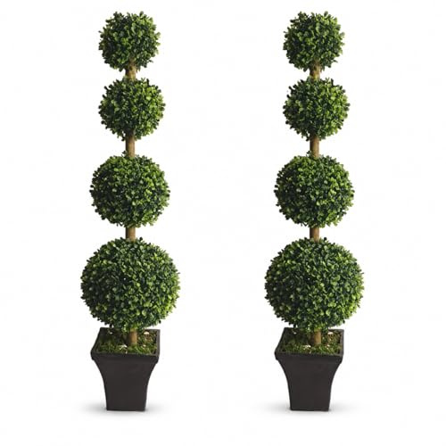 Artificial Boxwood Topiary Trees Pair 90cm (3ft) – Set of 2 Four Ball Spiral Topiary Trees in Weighted Pots – UV Resistant Outdoor Fake Bay Trees for Front Door, Patio & Wedding Décor