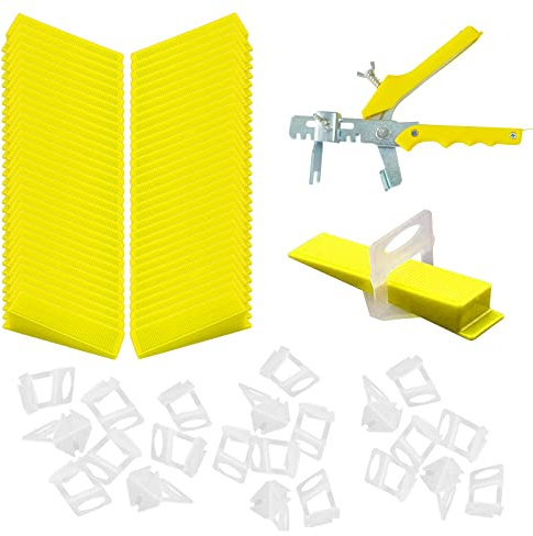 Floatdream 201 pièces Kit de Nivellement pour Carrelage, Système de Nivellement Carrelage, 100 languettes de tirage, 100 cales + 1 pince, pour épaisseurs de carrelage de 3 à 12 mm (jaune)