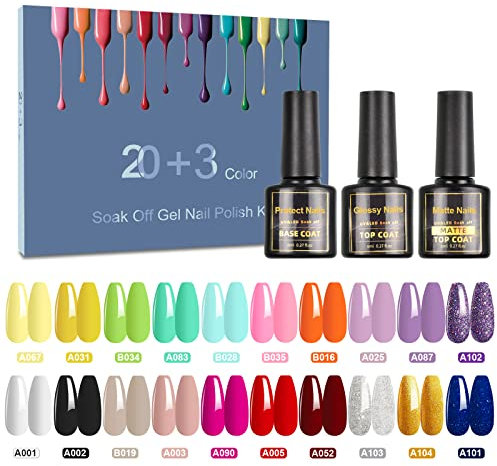 NAILABY UV Nagellack, 23 Stück UV Gel Nagellack Shellac Set mit Unterlack & Glänzender Überlack & Matte Decklack, Schnelltrocknend&Naturnah, 8ml