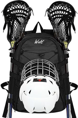 WOLT | Turf Lacrosse Rucksacktasche - Lacrosse Taschen für Jungen - Extra große Lacrosse Tasche mit zwei Sticks Halter und separaten Stollen-Fach Feldhockeytasche (schwarz)