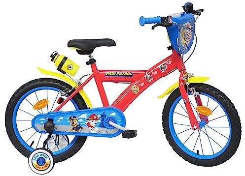 Vélo ATLAS Jungen Fahrrad 16 Zoll Paw Patrol Ausgestattet mit 2 Bremsen, Dekorativer Frontplatte, Rückkanister und Stabilisatoren, rot
