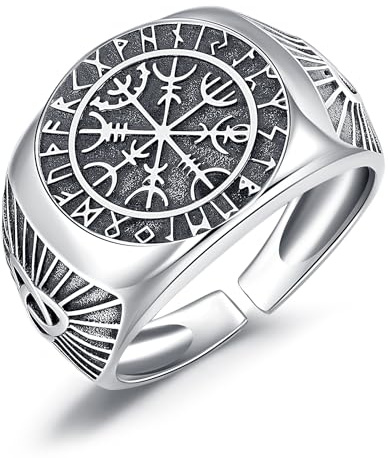 Herren Ringe Wikinger Vegvisir Ringe 925 Sterling Silber Wikinger Runen Ring Kompass Fingerring Wikinger Schmuck für für Herren Damen