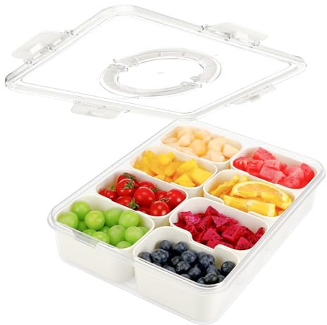 Auauraintt Snackschale, Snackteller mit 8 fächern, Snackbox mit Deckel, Kinder Obstbox, Snackschalen & Dipschalen mit Tablett, Aufbewahrungsbox für Snacks Süßwaren Kekse Nüsse Früchte