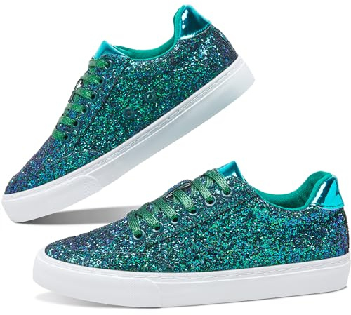 Jeekopeg Glitter Sparkly Fashion Sneakers Shoes Shiny Casual Shoes Bling Sequin Concert Low Cut Lace up Shoes(Green Glitter,9 Women/7.5Men)