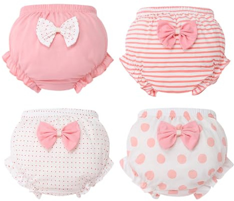 AOOPOO Lot de 4 Culotte Bébé Fille Coton Short Bloomer Couvre-Couche Mignon avec Nœud Papillon sous-vêtements Souple Pantalon Respirant Volants Slips Elastique pour Bébé Tout-Petit 6 Mois-3 Ans