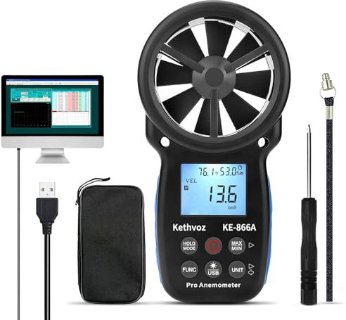 Handheld Anemometer Windspeed Meter 40m/s, Kethvoz CFM Wind Gauge with Thermometer Measure Wind Speed Force Air Volume Temperature w/MAX/MIN/AVG for HVAC Climbing Drone Flying Shooting Sailing KE-866A