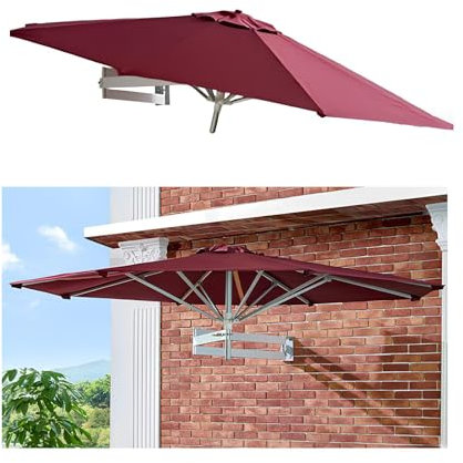 PQPQLI 220/250cm Wall Mounted Garden Parasol Umbrella, Collapsible Patio Umbrella, Outdoor Market Umbrella Sun Shade Canopy With 8 Ribs, Ideal For Garden Balcony Yard(Red,220cm)