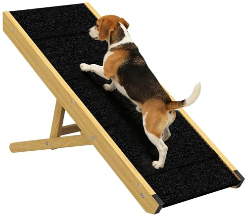 PawHut Hunderampe für Bett und Couch Faltbar Haustierrampe mit 4 Einstellbare Höhe von 24 bis 47,5 cm, rutschfest Teppich 83,5 cm Hundetreppe für kleine, mittelgroße Hunde Natur