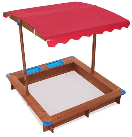 Arenero de madera con techo giratorio y altura ajustable, caja de arena para niños al aire libre (rojo)