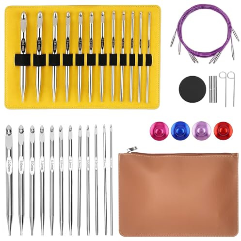 Set De Ganchillo Tunecino con Cable, 26 Piezas, 3–10 mm, Ganchillos Intercambiables De 15,2 cm en Aluminio Niquelado, Ergonómicos, con Bolsa De Almacenamiento, para Principiantes & Profesionales