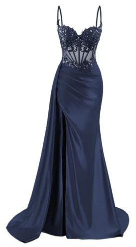 Abiti da damigella d'onore da donna in raso per matrimonio con spacco, abiti da ballo sirena, abiti da cocktail taglie forti, Blu mare, 44