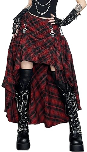 Ausing Donna Gonna Scozzese Lunga a Vita Alta Gonna a Pieghe Tartan Midi Pizzo Gotica Gonne Svasata Elastico in Vita Gonne Plaid da Plissettata Tulle Linea A Quadri Irregolare Ragazza Vintage Rosso M