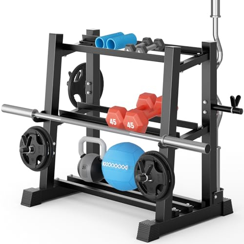 YOLEO Multifunctional Dumbbell Rack, Heavy-Duty Weight Rack for Dumbbell, Kettlebell, Barbell, Weight Plates, 1100LBS Capacity Adjustable 3-Tier Storage Rack with Storage Hooks, Front Hangers for Home Gym (Rack Only)