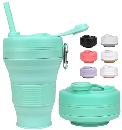 MOMAHUA Gobelet pliable en silicone de 450 ml - Vert - Avec couvercle en plastique - Sans BPA - Réutilisable - Portable - Pour l'extérieur, le camping, le pique-nique, la randonnée, les voyages