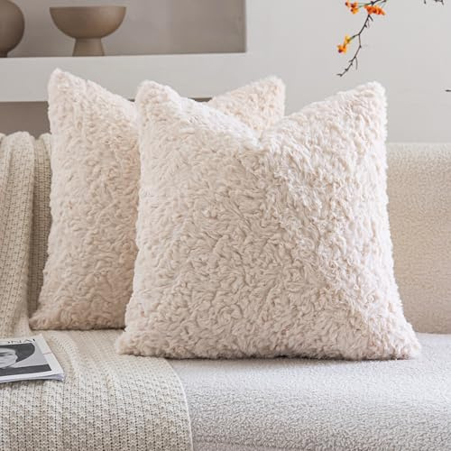 Neelvin Beige Faux Fur Cozy Soft Solid Fuzzy Decorative Throw Pillow Covers 24x24 inch Set of 2,Velvet Pillowcase Cushion Case for Sofa Couch