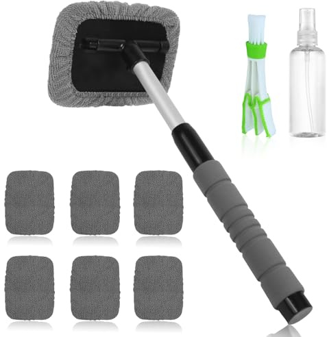 AMFUN Herramientas De Limpieza De Parabrisas De Coche, Limpiador Parabrisas Ventanas de Coche Cepillo, Cepillo Lavar Coche, 4 Almohadillas de Microfibra, con Cabezal Giratorio 180°(Gris)