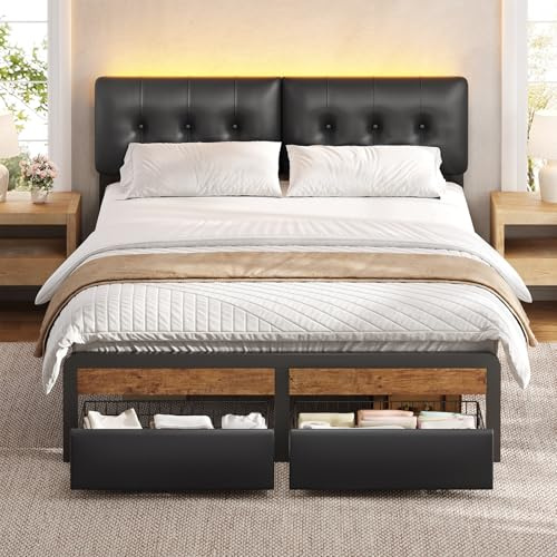 KIMENICH Lit 140x190 avec Sommier et Éclairage LED, Lit Double 140x190 avec 2 Tiroirs, Cadre de Lits avec Sommier à Latte en Métal, Tête de Lits Réglable en 3 Hauteurs, Capitonnée en PU Noir